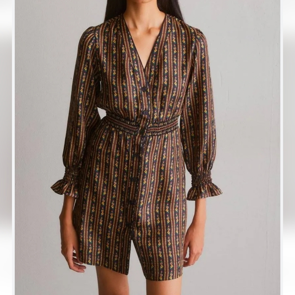 Sandro Karma Printed Mini Floral Button Down Long Sleeve Silk Dress